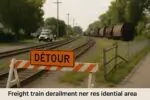 Тихий жилой район у ж/д путей: перекрытие улицы и повреждённый забор, вдали грузовые вагоны