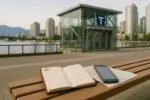 Планер и смартфон с расписанием рядом с картой на фоне входа в SkyTrain в Ванкувере, дневной свет