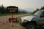 Пустая сельская дорога у леса с табло «Evacuation Alert» и лёгкой дымкой вдалеке, дневной свет.