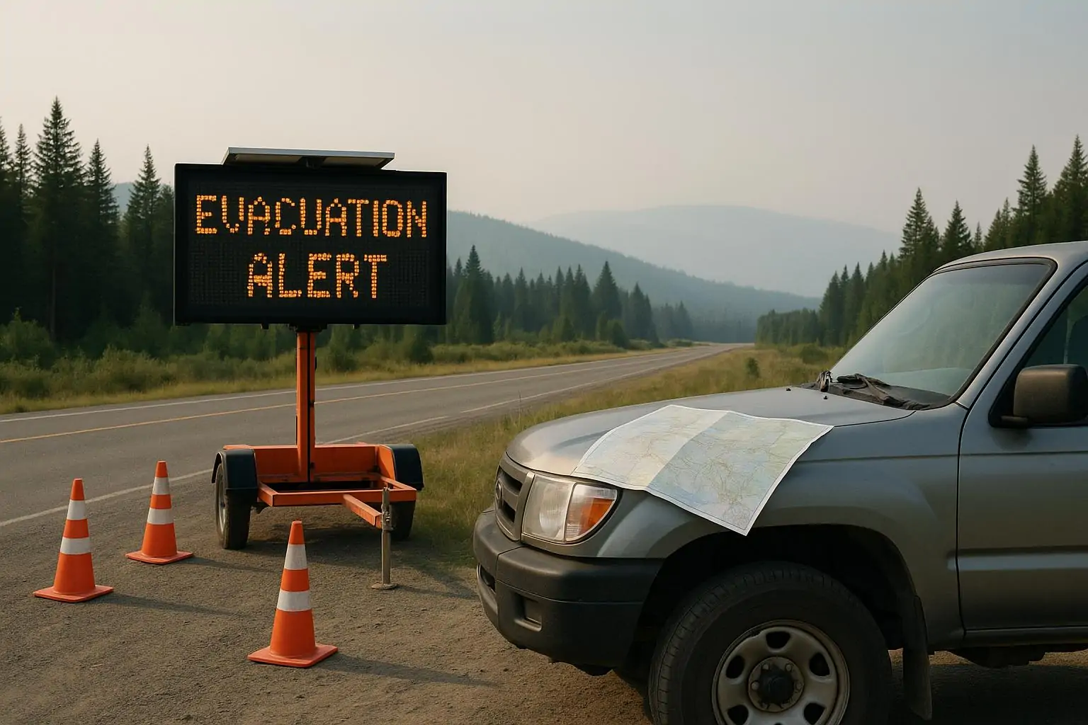 Пустая сельская дорога у леса с табло «Evacuation Alert» и лёгкой дымкой вдалеке, дневной свет.