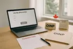 Светлый офисный стол с ноутбуком и папкой OINP, символизирующий новый путь Онтарио к ПМЖ.