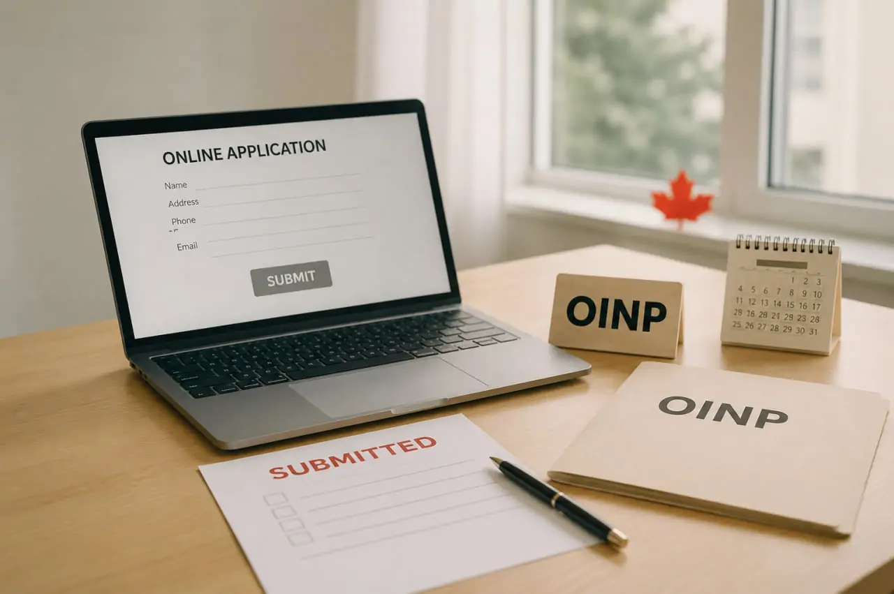 Светлый офисный стол с ноутбуком и папкой OINP, символизирующий новый путь Онтарио к ПМЖ.