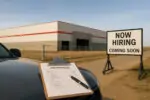 Стройплощадка нового гипермаркета и аккуратная табличка «Now Hiring» на фоне в Ллойдминстере днём