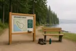 Тихий стартовый трейлхед у воды в Метро-Ванкувере: табло с картой лёгких маршрутов, лес на фоне