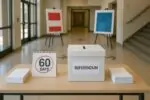 У входа на участок: урна для бюллетеней, календарь с отметкой «60 дней» и нейтральные плакаты кампаний.