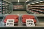 Витрина супермаркета в Канаде: рядом упаковки говядины из Канады и Австралии с ценниками, импорт дешевле