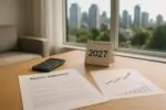 Светлый стол с договором аренды, календарём «2027» и калькулятором на фоне современного города Британской Колумбии