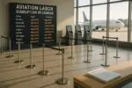 Тихий зал вылета в канадском аэропорту: табло с задержками и отменами, пустые очереди у стоек регистрации.