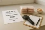 Упаковка замороженных куриных бургеров рядом с листом об отзыве и яйцом на светлой кухне