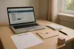 Светлый домашний стол с ноутбуком, календарём и конвертом, символизирующий выплату CCB в Канаде