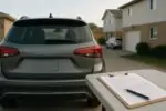 Задняя часть современного кроссовера на парковке, в стекле видны тонкие трещины, рядом папка с документами.