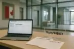 Светлый офис госучреждения: ноутбук с открытым публичным реестром и аккуратные формы о прозрачности.