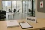 Светлый современный офис с табличкой Hiring и стопкой резюме, символизирующий рост занятости в Канаде