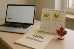 Офисный стол с папкой «LMIA», календарём с заметкой «60→90 дней» и ноутбуком с заявлением на work permit.