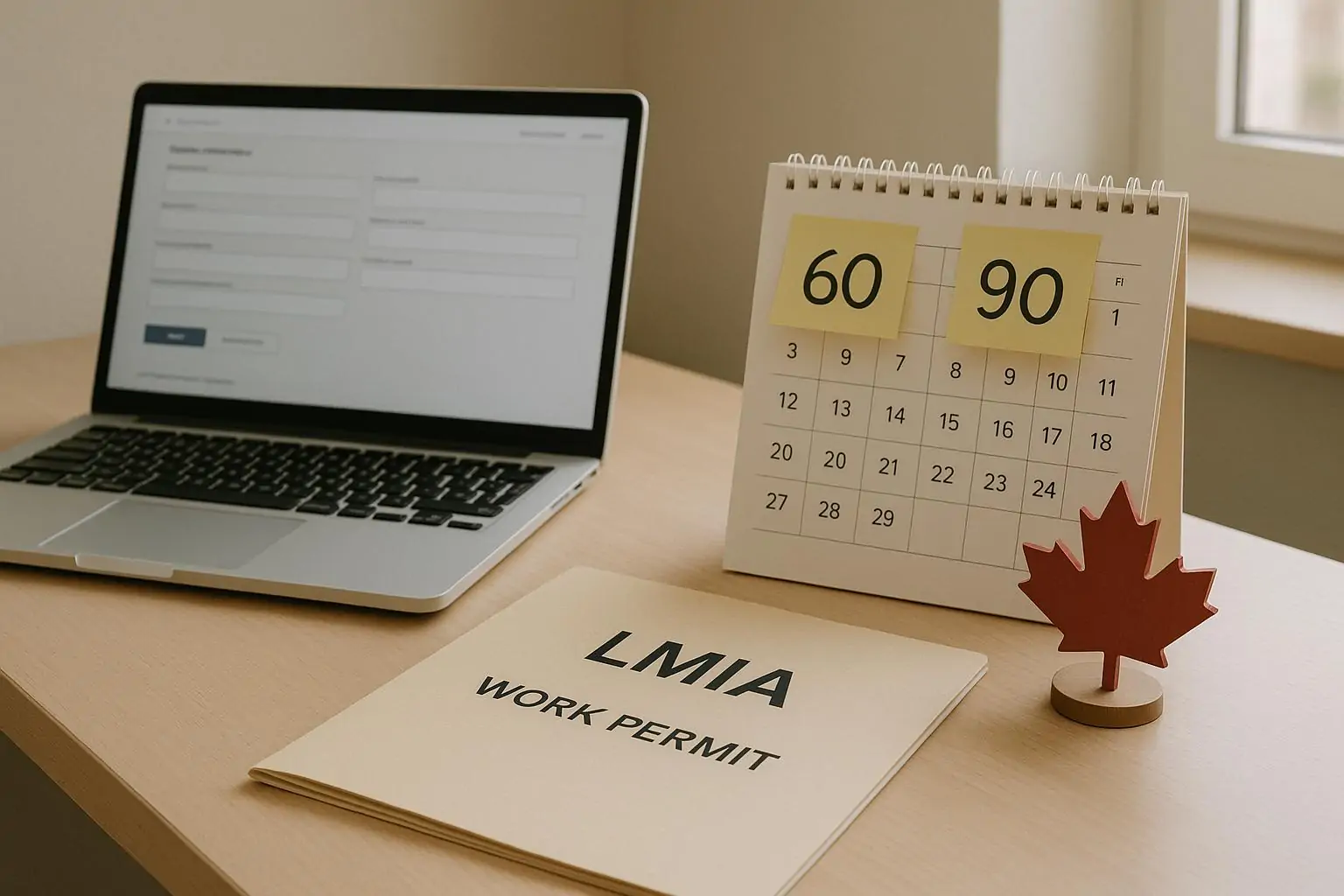 Офисный стол с папкой «LMIA», календарём с заметкой «60→90 дней» и ноутбуком с заявлением на work permit.