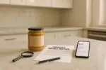 Банка намазки на кухонной столешнице рядом с листом «отзыв продукта» и смартфоном, дневной свет.