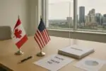 Флаги Канады и США на столе рядом с папками «тарифы» и «переговоры», спокойный офисный фон