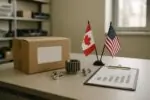 Коробка с промышленными деталями и документы с графиком роста затрат, рядом флажки Канады и США