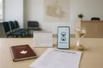 Паспорт и анкеты на столе рядом с календарём и часами, символизирующие рост ожидания виз в Канаду