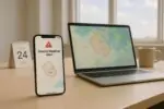 Смартфон и ноутбук с картой погоды, где выделен полигон зоны предупреждения, на светлом рабочем столе.