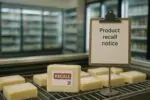 Витрина магазина с упакованным сыром и нейтральной наклейкой «отзыв продукта», без людей