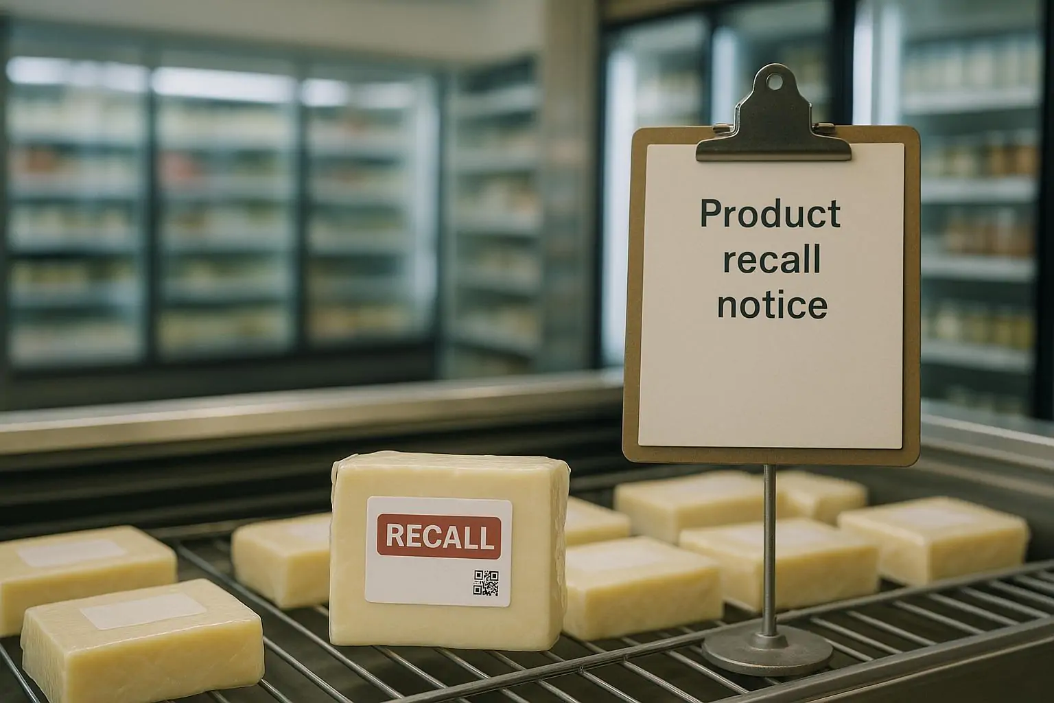 Витрина магазина с упакованным сыром и нейтральной наклейкой «отзыв продукта», без людей