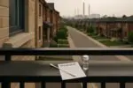 Балкон и подоконник с тонким чёрным налётом и набором для проб, вдали мягко размыта промзона