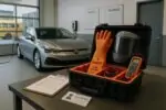 Набор высоковольтной безопасности и учебный чек‑лист в мастерской рядом с электромобилем на зарядке