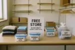 Аккуратно разложенная гуманитарная помощь в free store и коробка «не подходит», символ уважения к эвакуированным.