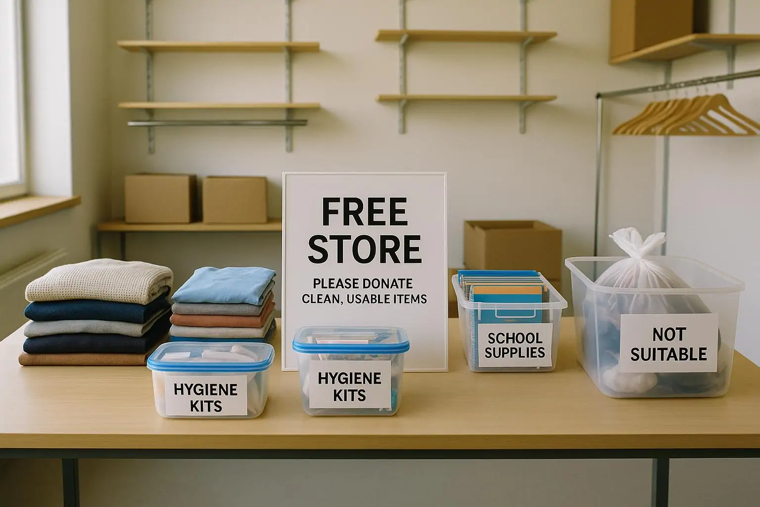 Аккуратно разложенная гуманитарная помощь в free store и коробка «не подходит», символ уважения к эвакуированным.