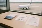 На столе у окна аэропорта — график роста цены топлива и документы о продаже доли программы лояльности, самолёт вдали.