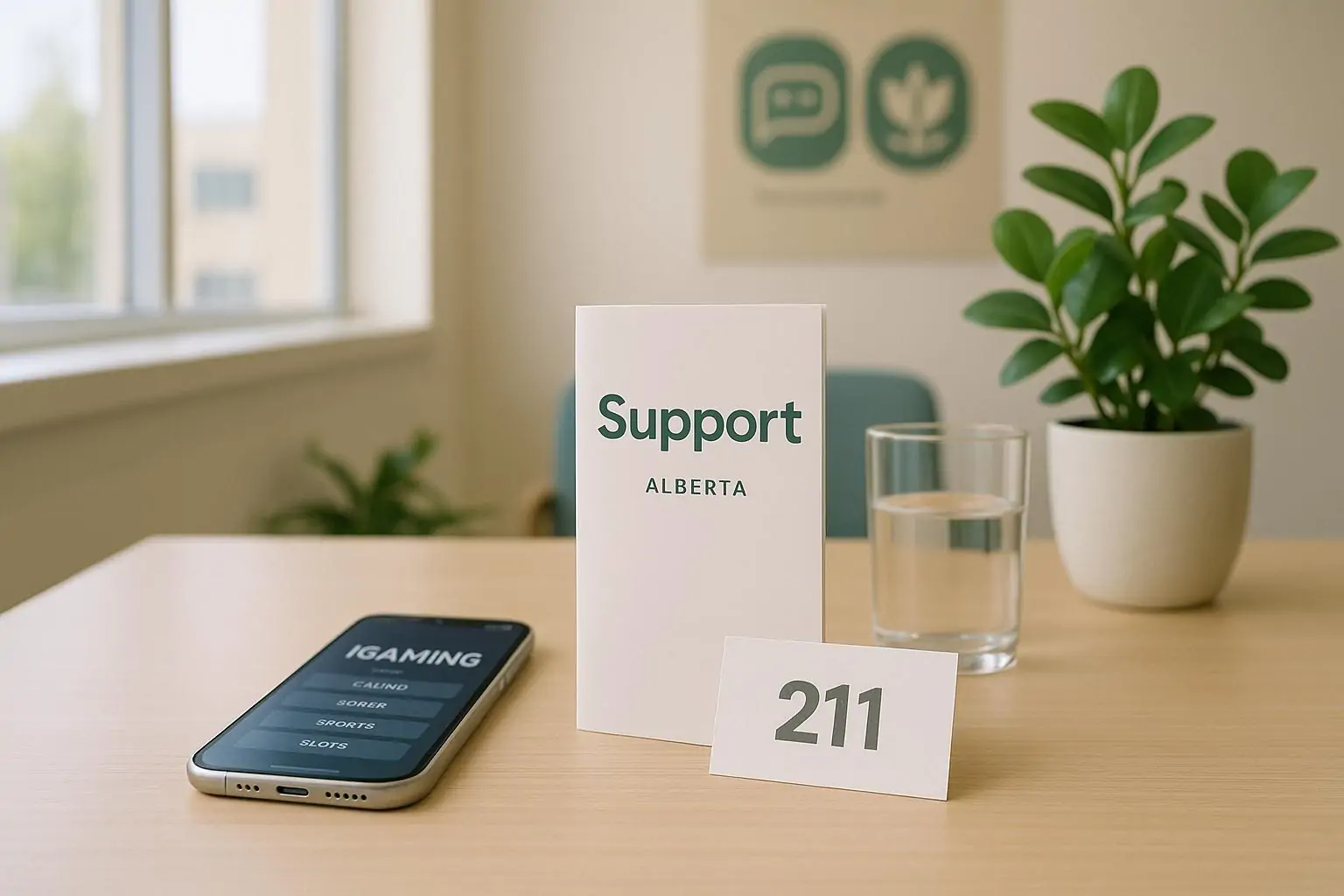 Светлый офис службы поддержки: смартфон с размытым iGaming, буклет «Support» и карточка «211» на столе
