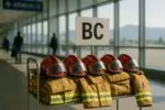 Экипировка пожарных на тележке в аэропорту Британской Колумбии, символ международного подкрепления