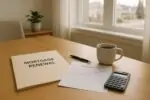 Папка «Mortgage Renewal», график роста платежей и калькулятор на кухонном столе в канадском доме