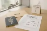 Документы на иммиграцию и квитанция со сбором на столе в офисе, символ новой платы в Новой Шотландии.