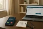 Светлый домашний офис: телефон с подозрительным звонком «полиция» и размытый экран перевода на ноутбуке.