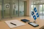 Папка с заявлением и документами на столе в светлом офисе, символизирующая приглашения PSTQ в Квебеке.