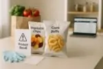 Нейтральный кадр: пакеты снеков и лист «Product Recall» на кухонной столешнице при дневном свете.
