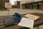 Папка с документами, лента студенческого бейджа и конверты на скамейке у современного центра в Калгари