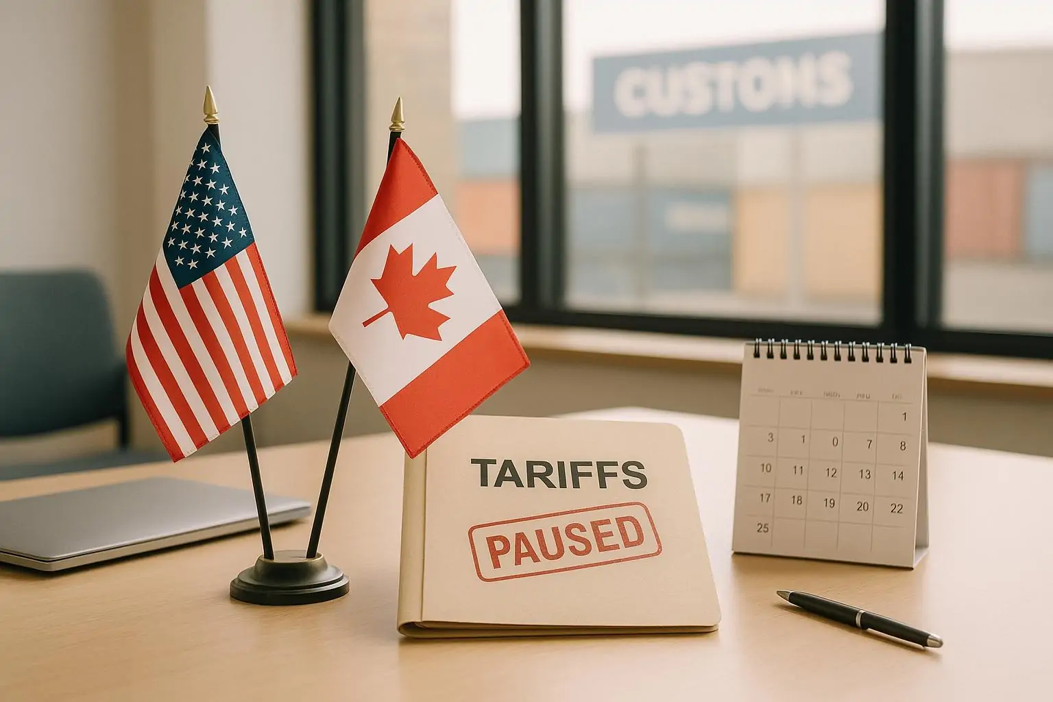 Флаги США и Канады на столе рядом с документами и штампом «пауза», на фоне размытая логистика