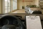 Интерьер Camry с пустым экраном приборной панели на фоне сервисной зоны дилера и бланка отзывной кампании