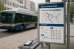 Остановка с городским автобусом и табло расписания, символизирующие осенние изменения маршрутов TransLink