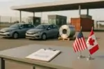 Флаги США и Канады рядом с документами и графиком, на фоне автопоставок и стального рулона
