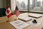 Стол переговоров с флагами Канады и США, папками о тарифах и календарём с близким дедлайном