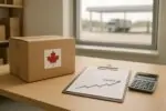 Коробка для экспорта и документы с графиком роста пошлин в спокойном офисе малого бизнеса Канады