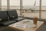Спокойный вид аэропорта: на столике посадочный талон «Vancouver—Montréal», карта города и самолёт у гейта.