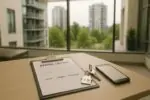 Ключи и лист с графиком аренды на столе у окна, на фоне мягко размытые дома Metro Vancouver