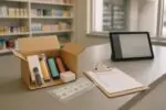 Коробка с вейпами и нейтральные стикеры акциза рядом с чек-листом на прилавке магазина, дневной свет