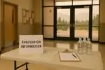 Пункт информирования об эвакуации в общественном центре, на столе карта и объявления, вдали лёгкая дымка