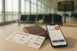 Светлый зал аэропорта: смартфон с отметкой «15% off», рядом посадочный талон и паспорт в спокойной обстановке
